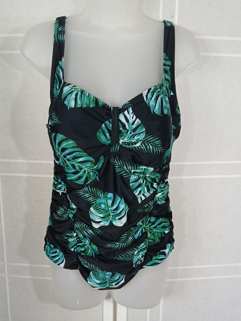 Tropical Leaf One-Piece Swimsuit Black/Green XL